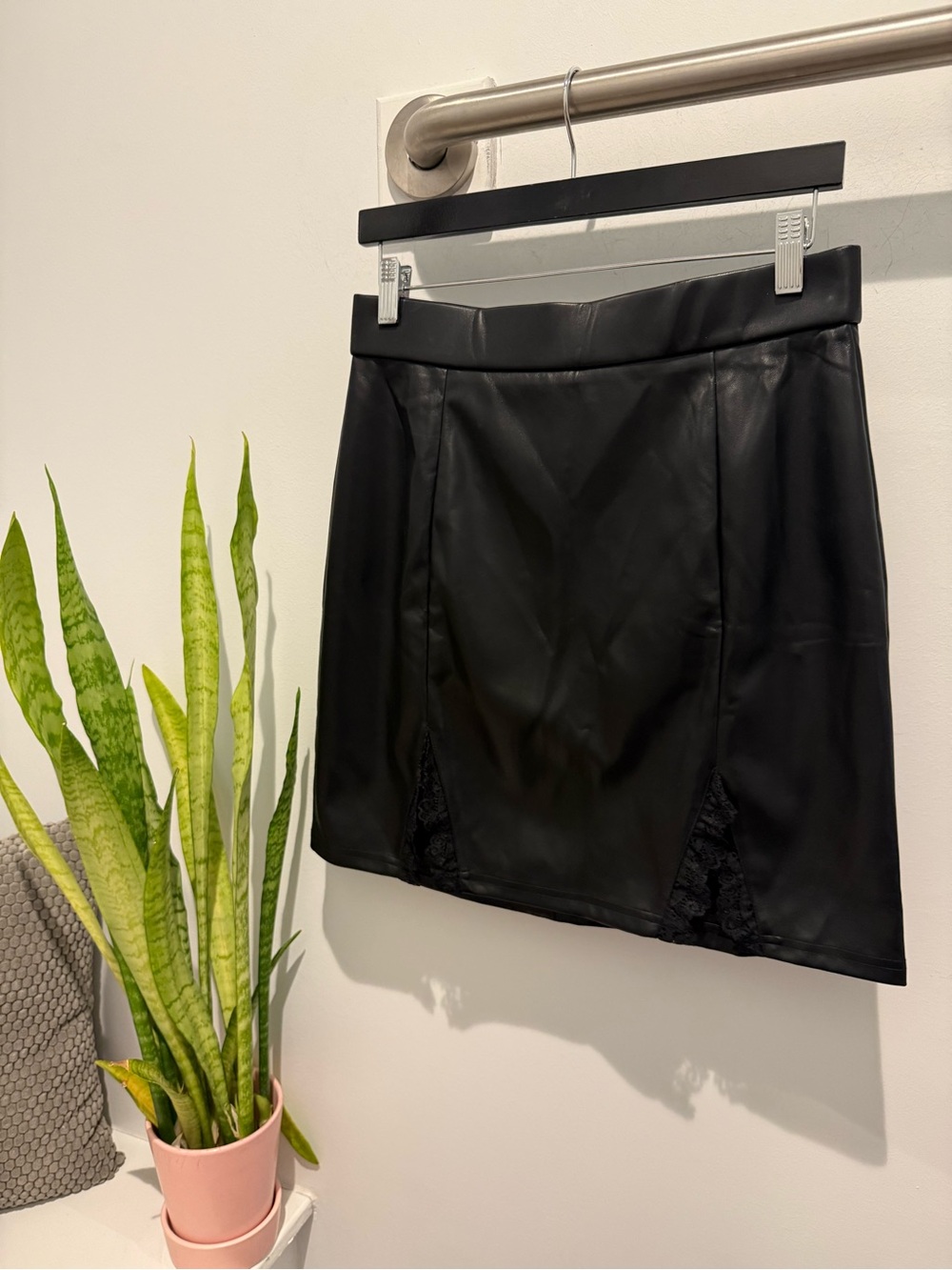 Mangopop Collection Black Faux Leather Mini Skirt with Lace Insets